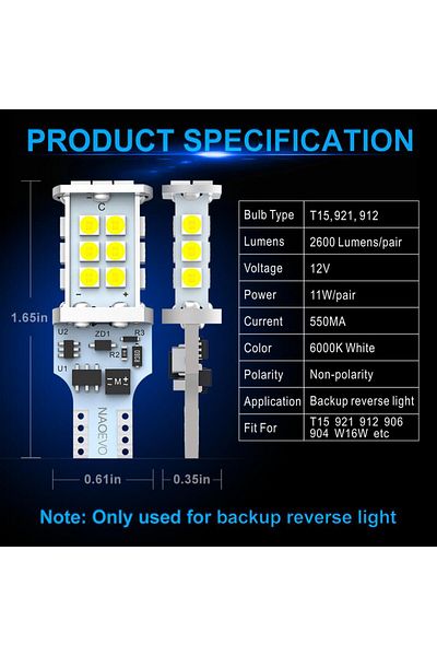 Choice T15 WHITE NAO W16W LED T15 2600Lm Strobe Reverse Light Super Bright 6000K White 3030 24SMD 12V 921 T