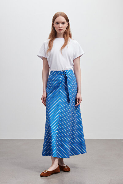 Shn KUŞAK DETAYLI ÇİZGİLİ ETEK