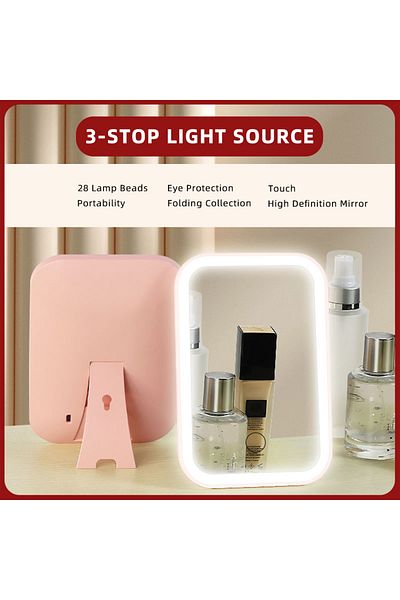 Heinast 1PC Pink LED Touch Screen Makeup Mirror Folding Mirror Lighted Makeup Mirror 3 Colors Light Modes US