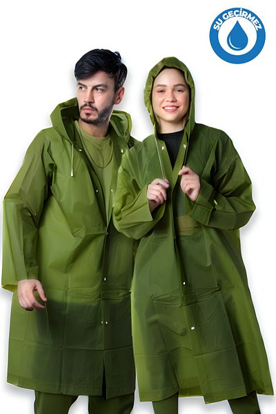 By Marine Women's Men's Raincoat Hooded Eva Dark Green Army Green Raincoat with Snap Fasteners Bymmrc881R1