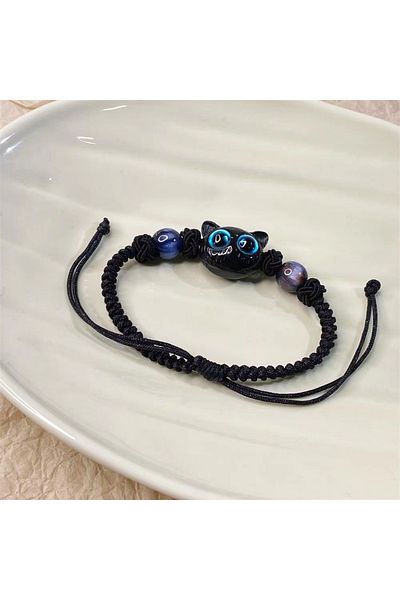 Choice Blue Cute Cat Couple Bracelet Imitation Wood Crystal Braided Children Bracelet Fashion Jewelry Trend