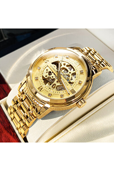 Choice ساعة OLEVS 9901 للرجال باللون الذهبي بالكامل، ساعة يد ميكانيكية فاخرة مجوفة مقاومة للماء ومضيئة من الفولاذ المقاوم للصدأ