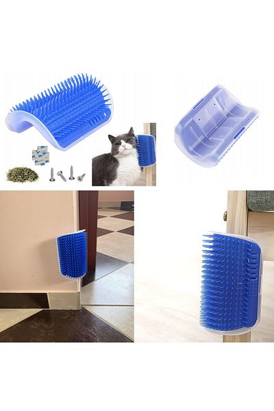 PUFO cat massage brush with wall or furniture corner attachment, bag with catnip included, blue