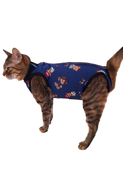 stylie Summer Post-Operative Protective Cat Dog Coverall, Cotton, Thin, Navy Blue, Teddy Bear