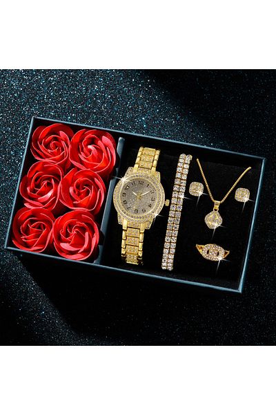 Choice Gold 6Pcs Fashion Luxury Women Watch Necklace Earrings Ring Set For Women Rhinestone Wristwatch Brac