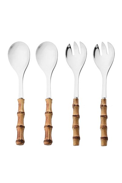 Choice 4pcs Silver 2/4pcs Long Handle Serving Spork Bamboo Wooden Handle Salad Spoon Fork Stainless Steel T