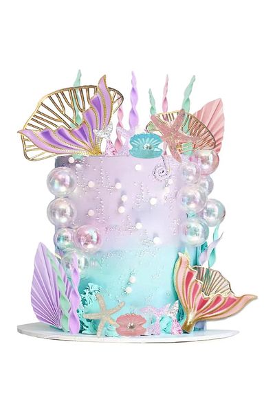 Choice 30pcs Mermaid Cake Topper Big Mermaid Tails Seaweed Bubbles Shells and Golden Ginkgo Leaves Cake Set
