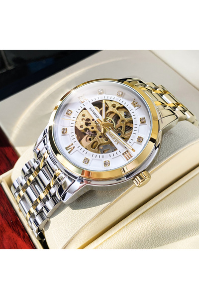 Choice ساعة OLEVS 9901 للرجال باللون الذهبي الأبيض، ساعة يد ميكانيكية فاخرة م...