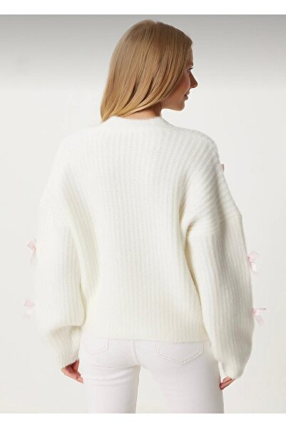 FLEX FASHION Kadın Oversize Fiyonk Detaylı kurdaleli yumoş Triko Hırka Ekru