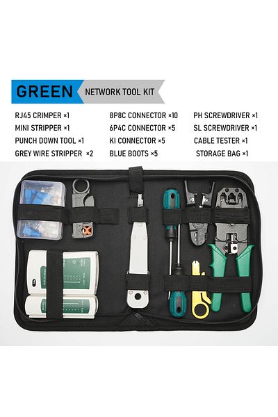 seven floor GREEN RJ45 RJ11 RJ12 Computer Network Repair Tool Kit LAN Cable Tester Wire Cutter Screwdriver Plier