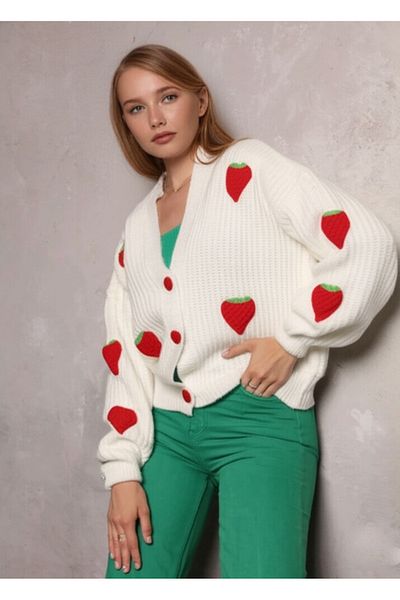 FLEX FASHION Strawberry Detailed Oversize Knitwear Cardigan White