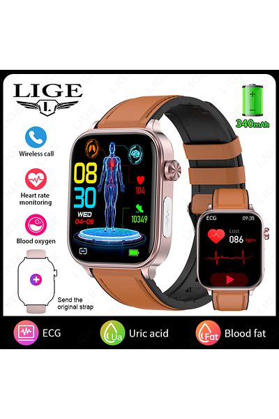 Choice brown leather LIGE 2025 New ECG+PPG Smart Watch Men Blood Lipid Uric Acid Health Monitor Bluetooth C