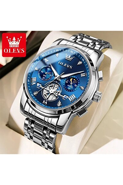 Choice ساعة OLEVS 2856 للرجال باللون الفضي والأزرق، كرونوغراف طور القمر 24 سا...