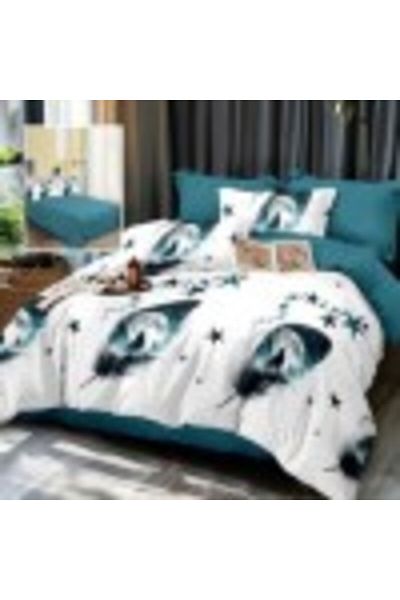 Pucioasa Double bed linen set made of fine fabric, duvet sheet 200x220cm, 6 pieces, turquoise feathers