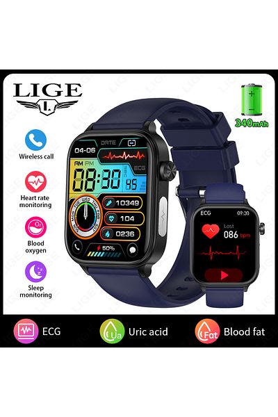 Choice blue LIGE 2025 New ECG+PPG Smart Watch Men Blood Lipid Uric Acid Health Monitor Bluetooth Call Sleep