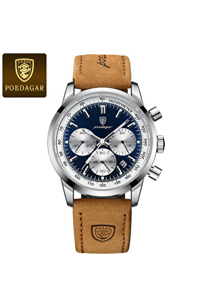 Choice ساعة يد رجالية فاخرة من الكوارتز باللون الفضي والأزرق مقاومة للماء وجلدية مضيئة كرونوغراف عصرية