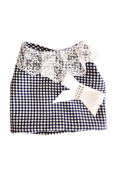 atelyu Cat Dog Clothes Crop Navy Blue Checkered Lace Dress Outing Outfit