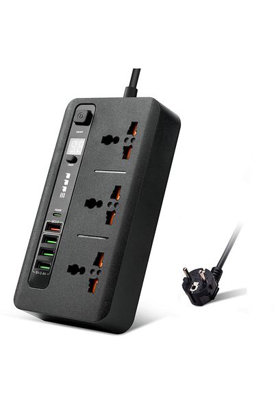 Choice EU Plug black EU Plug Power Socket with Fast Charge QC3.0 and PD20w 2m Extension Cord 3 Output Unive