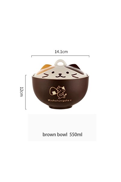 Choice وعاء معكرونة فورية خزفي على شكل قطة كرتونية بني اللون سعة 550 مل مع غط...