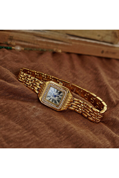 Choice ساعة نسائية جديدة مقاومة للماء بمينا مربعة ذهبية اللون مرصعة بأحجار ال...