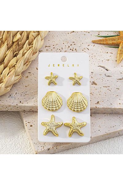 Choice Golden 6Pcs Exquisite Starfish Shell Stud Earrings Fashionable CCB Earring Set Women's Summer Beach