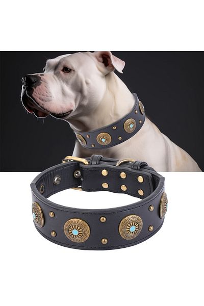 Choice L black CP640--1Pc Heavy Duty Leather Dog Collar, Handcrafted Luxury Pet Collar with Adjustable Buck