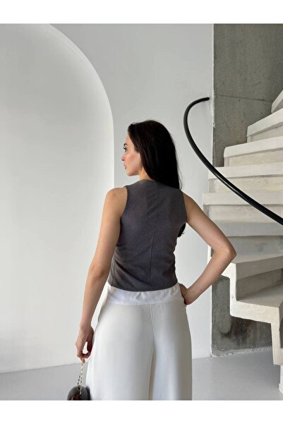 LOCH BUTİK Women's Shirt Detailed Buttoned Gray Vest