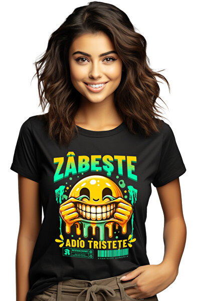StoryGift Romania Tricou Femei Zâmbeste. Adio Tristeţe Smiley Face Chinuit Cu Imprimeu Pe Fata, 1 Blk_l