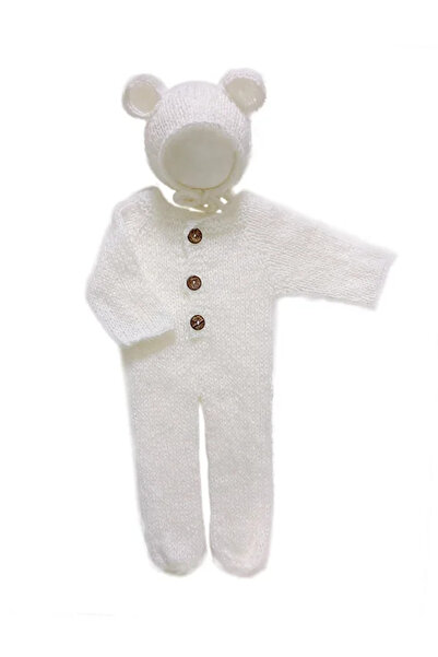 Choice طقم ملابس أطفال حديثي الولادة من عمر 0 إلى شهر، مكون من قطعتين باللون الأبيض، مع دعامات تصوير، رومبير، بذلة دب، وقبعة كروشيه، وقبعة من الصوف