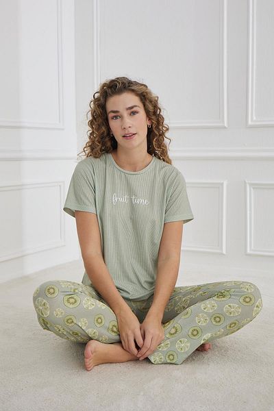 Kompedan Γυναικείο Σετ Πιτζάμες με μοτίβο Lycra Single Jersey Crew Neck |   Πράσινο 70109-1219