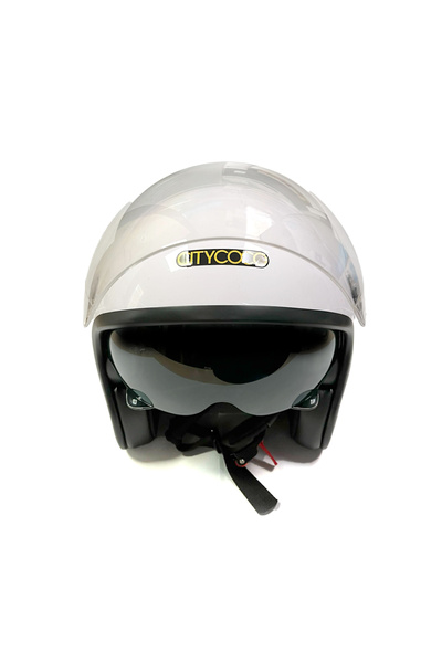 Citycoco Motosiklet Yarım Kaskı Şeffaf Rüzgarlıklı, Siyah Güneşlikli, Ter Yapmayan Pedli, Çift Vizör