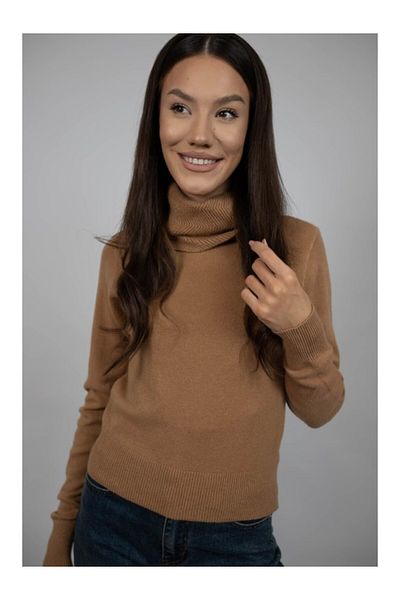 Lamiar Short Sweater With High Collar Karo Single Waist Camel
