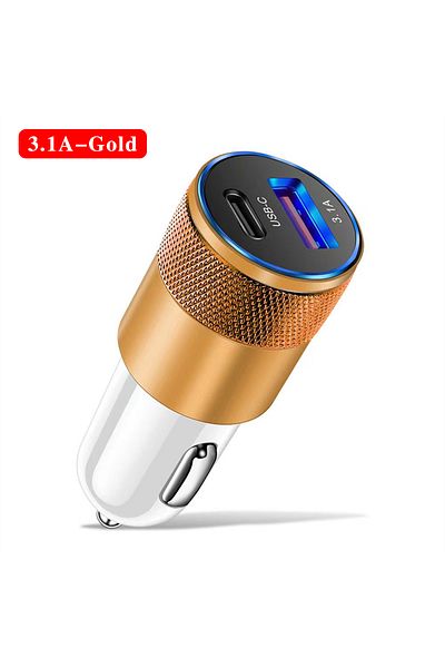 Choice شاحن سيارة USB ذهبي من النوع C، محول شحن سريع للهاتف لأجهزة iPhone وXiaomi وPD+USB، شاحن سيارة للهاتف A