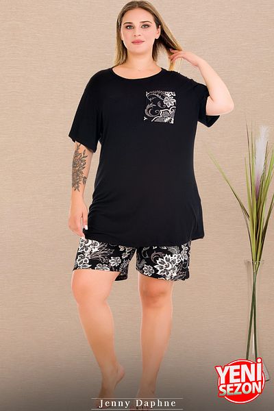 Jenny Daphne Ladies Plus Size Floral Print Shorts Crew Neck Short Sleeve Pajama Set with Shorts 10437