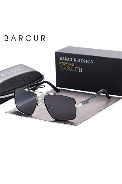 Choice نظارات شمسية من BARCUR بتصميم طيار باللون الرمادي الفضي بإطار معدني لل...