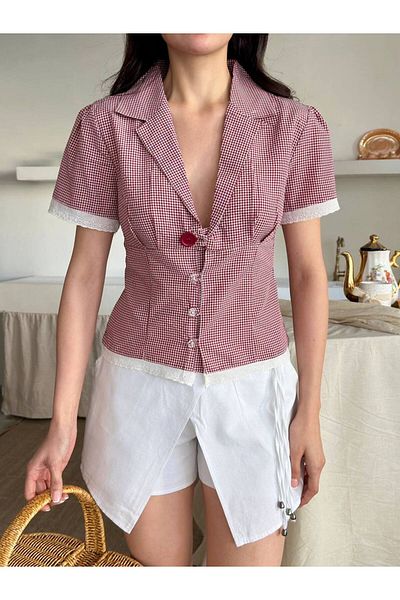 LOCH BUTİK Women's Burgundy Sleeve and Hem Lace Gingham Shirt
