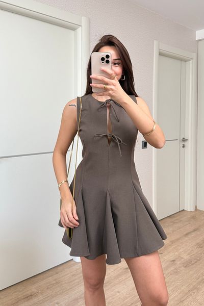 Deppot Brown Bust Tie Back Pleated Pinters Double Short Dress