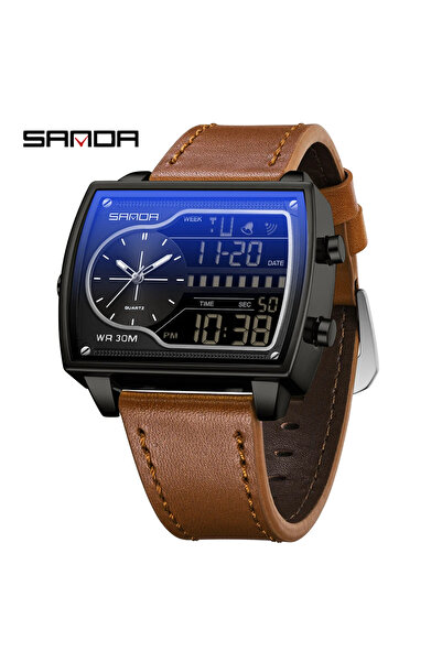 Choice ساعة SANDA 6163 كوارتز عصرية للرجال باللون الأسود والقهوة مع عداد تناز...