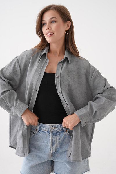 minaaise Cămașă supradimensionată cu tunică cu model Tie-Dye gri pentru femei 29180