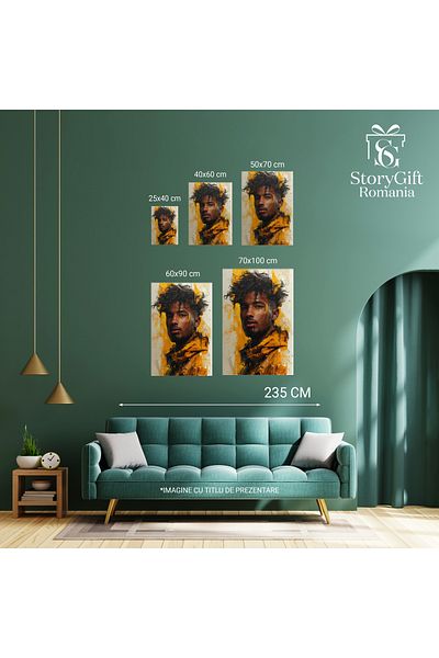 StoryGift Romania Tablou Canvas Portret Barbat Cu Parul Negru Si Buzele Mari Cu Cercei Imbracat In Jacheta Galbe