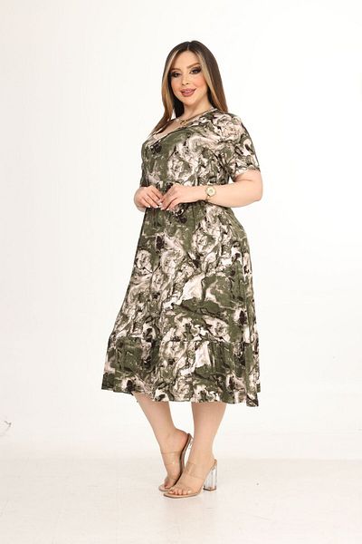 mami butik Large Size V-Neck Short Sleeve Robe Skirt Gathered Madi Size Viscose Combed Cotton Stylish Comfortable Dress