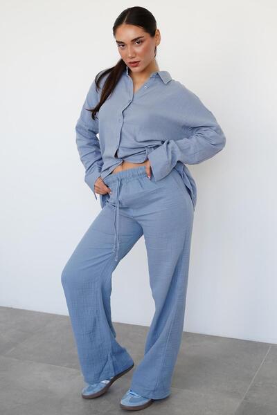 Madmext Blue Basic Women's Shirt Pants Suit Mg2461