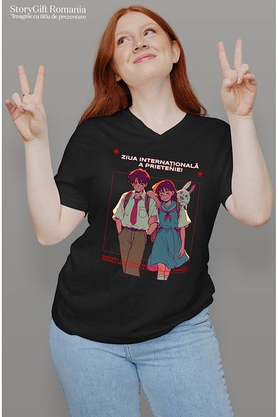 StoryGift Romania Tricou Femei Ziua internationala a Prieteniei iubire familie cu imprimeu pe Fata BLK_L