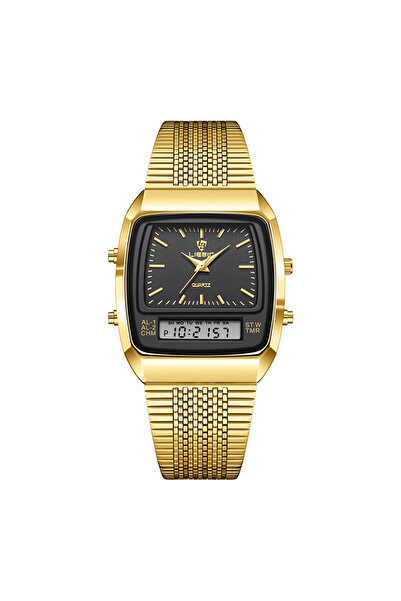 Choice ساعة كاجوال عصرية جديدة للرجال باللون الأسود والذهبي رقمية مزدوجة التو...