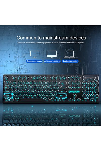 Choice Black Blue light EWEADN GX330 Typewriter Gaming Keyboard, 104 Keys Wired Retro Punk Round Keycaps, w