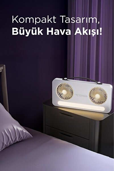 Torima F-23 Beyaz LED Işıklı Çift Fanlı Mini Masaüstü Vantilatör 1200mAh Şarjlı Taşınabilir Fan