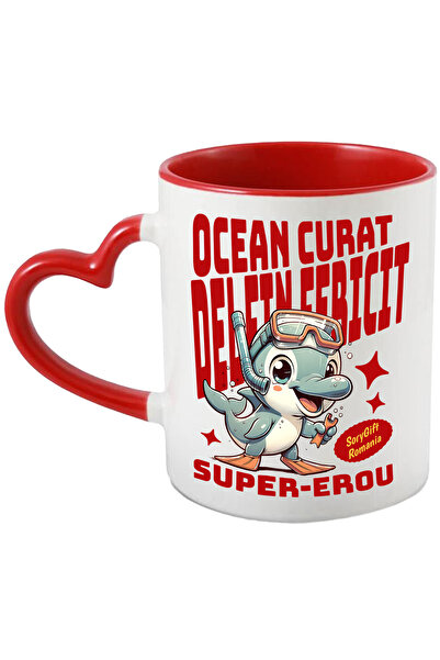 StoryGift Romania Cana Ocean Curat Delfin Fericit Super-erou Maritim, 330ml, Ceramica Cu Maner Ini, Cu Maner Inim Stg