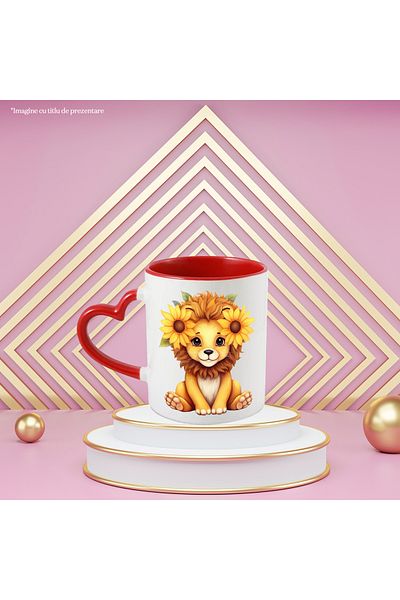 StoryGift Romania Mug with a lion cub with sunflower flowers in front of its ears | illustr., With ,STG
