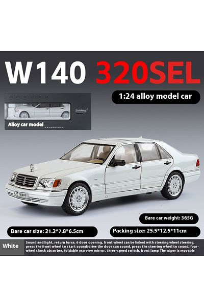 XMD White With Box 1/24 Alloy W140 320sel Classic Limousine Alloy Diecast Model Car Sound &light Desktop