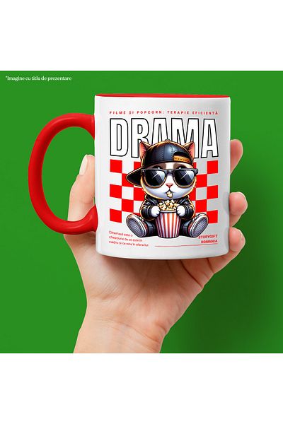 StoryGift Romania Cinema drama movie and popcorn therapy cat mug, 330ml, Ceramic with Red Handle, With Ma,STG